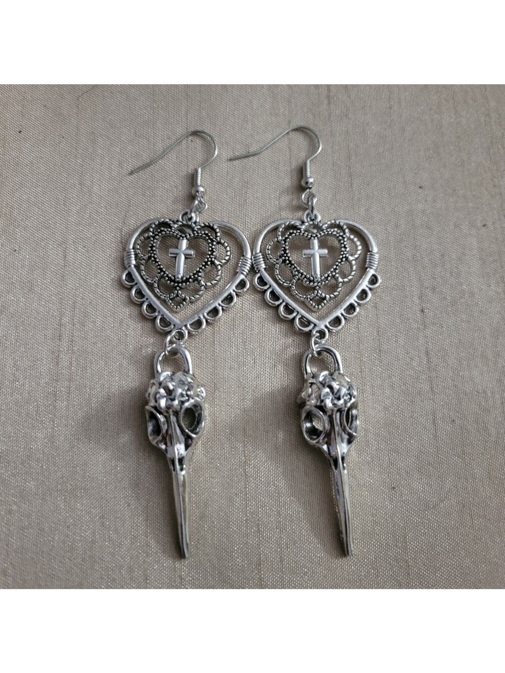 Gothic victorian raven bird skull  earrings with hearts and crosses